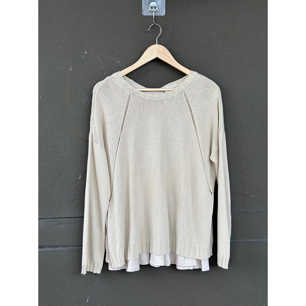 J.Jill Women's Medium Beige Cotton Knit Sweater w/ Back Tie Relaxed Minimalist